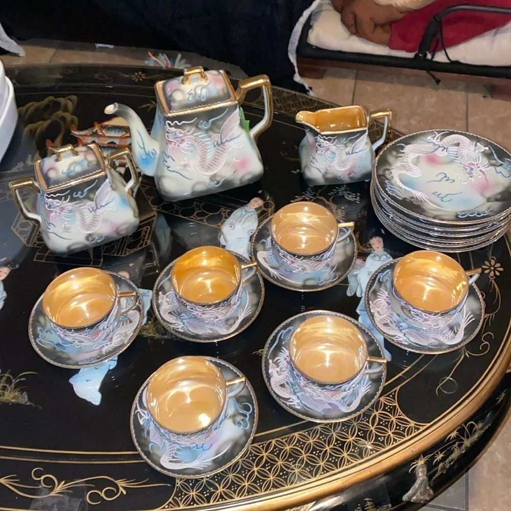 Vintage 21pc Moriyama Dragonwear hand painted Tea Set Japan Blue Bead Eyes